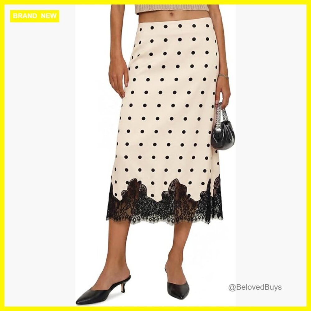Silk Satin Midi Skirt High Waisted A-Line Lace Hem Elegant Party Cocktail